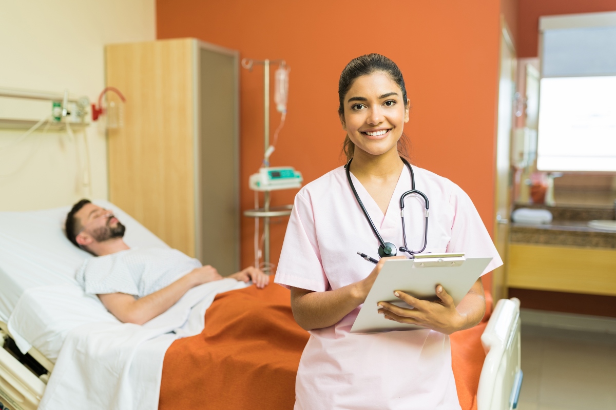 A young nurse checking a patient and gaining clinical experience.