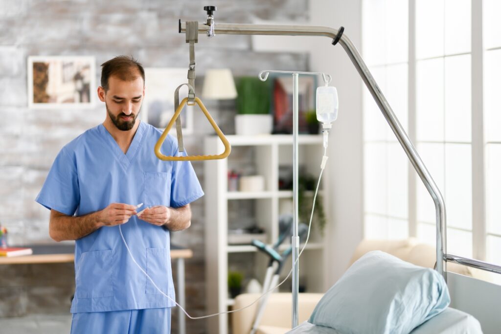 A nurse preparing IV therapy in a nursing home.
