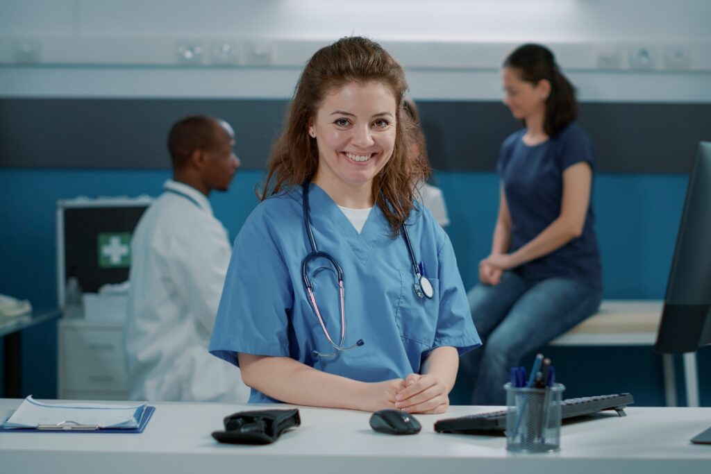 A young nurse in a hospital during her typical day in the life of a nursing student.