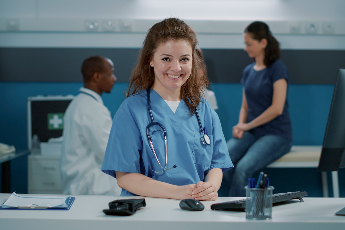 A young nurse in a hospital during her typical day in the life of a nursing student.